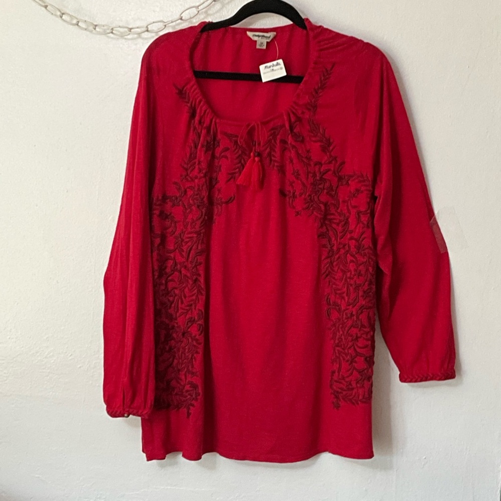 Embroidered Red Long-Sleeve Tunic with Tassel Detail